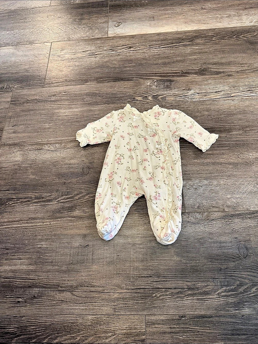 Little Me Roses Ruffle Zip Footie in Cream & Pink